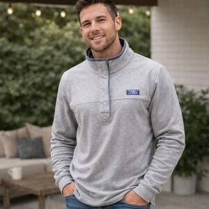 LL Bean Mens Gray Pullover Snap Neck Sweatshirt Sweater Size L 100% Cotton